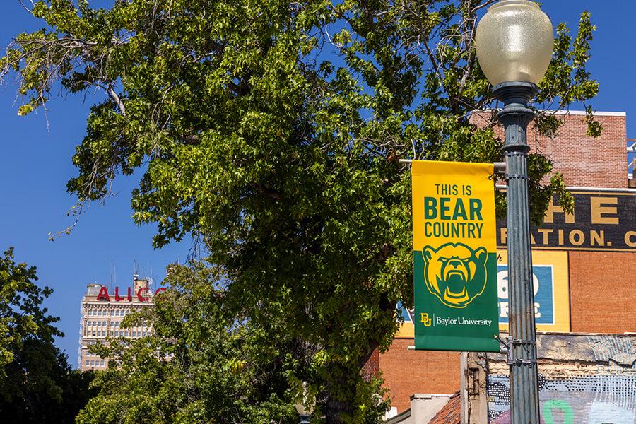 Baylor flag pole sign in downtown Waco