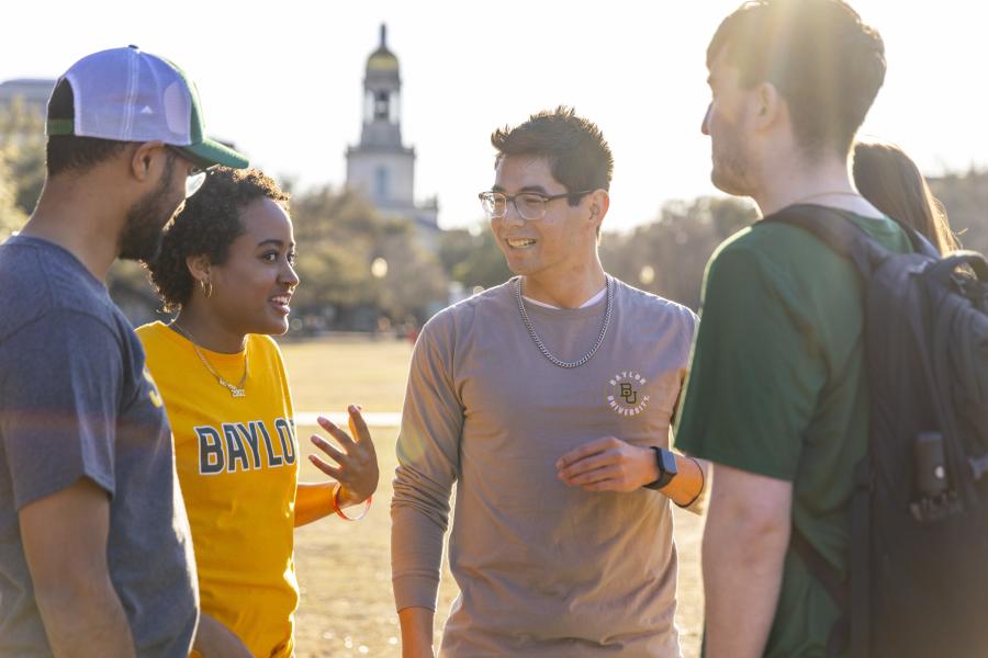 Baylor students talking on campus