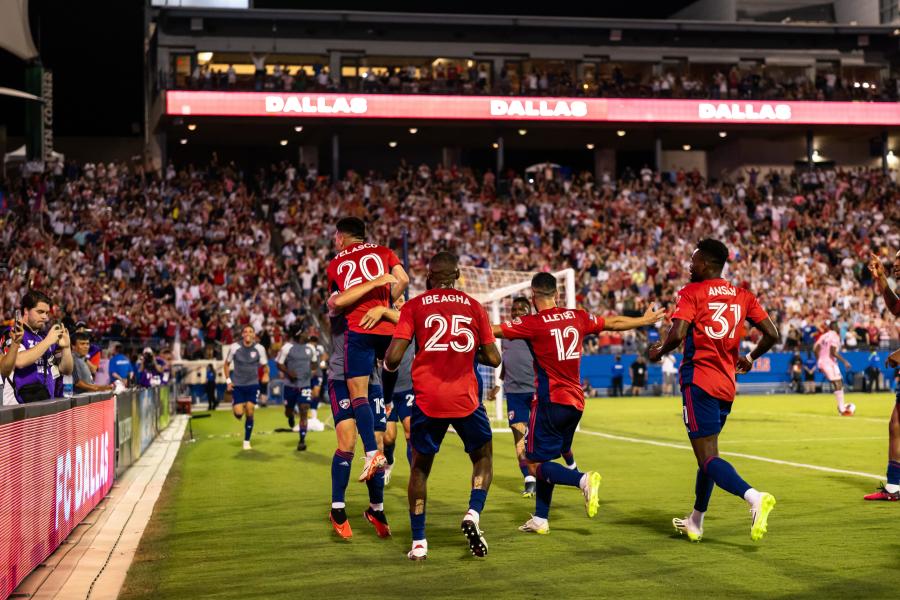 FC Dallas soccer players celebrate a goal at Toyota Stadium in Frisco, Texas