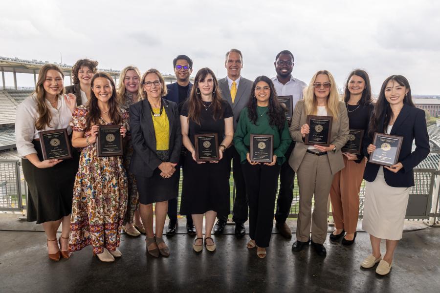 Left to Right:  Reilly Fitzpatrick, Dr. Kristyn Woytkewicz, Dr. Caroline Franks, Megan Sturdivant, Provost Nancy Brickhouse, Rudhresh Manoharan, Dr. Elizabeth Harrelson Magill, Graduate School Dean Michael Young, Blanca Radillo-Murguia, Dr. Wemimo Jaiyesimi, Dr. Ann Ward representing Dr. Matthew Reising, Kayla Haberman, Min Ou.  Not pictured: Dr. Heather Deal, Dr. Xi Zhu, Dr. Bikram Khanal